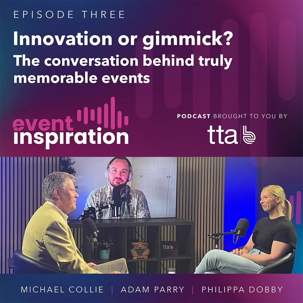 Podcast panel featuring Michael Collie, Adam Parry, and Philippa Dobby in studio discussing event innovation.
